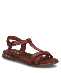La sandale de couleur rubis est fabriquée en cuir de haute qualité et se distingue par une fermeture à boucle réglable. La semelle plate assure un confort optimal et est idéale pour un usage quotidien.