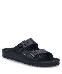 The black sandal features two wide straps with buckle closure providing optimal support. The material appears sturdy and easy to care for making it ideal for daily use.