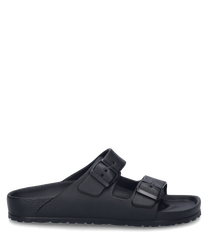 The black sandal features two wide straps with buckle closure providing optimal support. The material appears sturdy and easy to care for making it ideal for daily use.