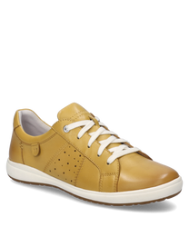 La zapatilla de color mango está hecha de cuero liso y cuenta con un cordón blanco. Destacan las perforaciones laterales que le dan al zapato un diseño deportivo.