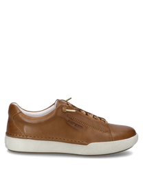 La sneaker de couleur camel est fabriquée en cuir lisse et dispose d'un laçage. La semelle blanche offre un contraste moderne avec la teinte brune chaude du matériau.