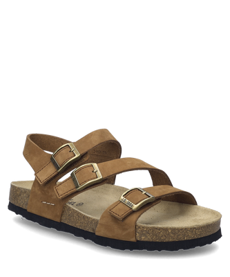 The sandal shown is in a warm camel tone and is made of high-quality leather. It features three adjustable buckles that ensure a customized fit.