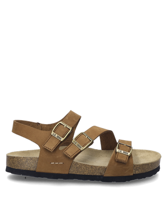 The sandal shown is in a warm camel tone and is made of high-quality leather. It features three adjustable buckles that ensure a customized fit.