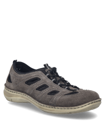 El zapato de media caña tiene un color combinado en gris y está hecho de material de ante. Las características especiales son las aberturas laterales y el elástico de goma como cierre.