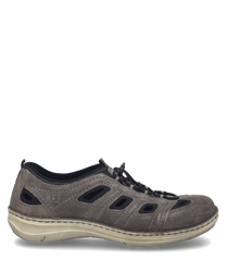 El zapato de media caña tiene un color combinado en gris y está hecho de material de ante. Las características especiales son las aberturas laterales y el elástico de goma como cierre.