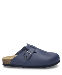 Le sabot de couleur océan est doté d'une robuste boucle comme fermeture et d'une semelle confortable en matériau de liège brun clair. La chaussure offre un look simple et classique avec une surface lisse et mate.