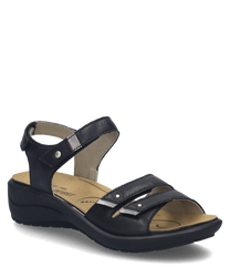 La sandale noire est fabriquée en cuir de haute qualité avec une fermeture velcro confortable. Elle présente un design simple avec des clous décoratifs sur la sangle.