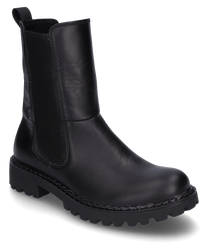 Das Bild zeigt einen schwarzen Stiefel aus Leder mit einem seitlichen Reißverschluss. Der Stiefel hat eine robuste Sohle und elastische Einsätze für besseren Tragekomfort.
