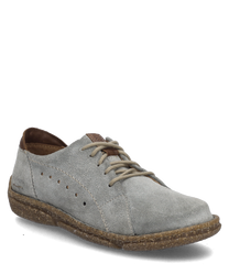 El zapato semiabierto en combinación de gris se presenta con una parte superior de ante suave y un sistema de cordones. Las características especiales son las perforaciones decorativas en el costado y la suela robusta y ligeramente estructurada.