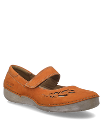 Papaya-colored ballerina with Velcro closure made of leather adorned with delicate cutouts on the upper side. The shoe features a sturdy slightly worn sole for added comfort.