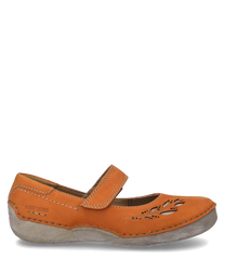 Papaya-colored ballerina with Velcro closure made of leather adorned with delicate cutouts on the upper side. The shoe features a sturdy slightly worn sole for added comfort.