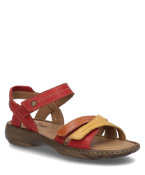 This sandal in ruby-multi showcases a vibrant spectrum of colors with red yellow and brown leather straps. It features a practical Velcro closure and a comfortable cushioned sole.