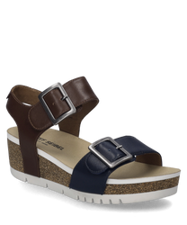 Cette sandale de couleur Océan-Camel se distingue par ses fermetures Velcro et la combinaison de cuir brun et bleu marine. La semelle confortable a un aspect en liège et offre une bonne adhérence.