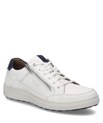 Baskets blanches avec des détails bleu marine fabriquées en cuir lisse. La chaussure dispose d'un laçage et d'une fermeture éclair latérale pour un enfilage facile.