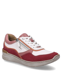 Der Sneaker in Orchidee-Multi zeigt ein lebendiges Farbspiel aus Weiß Rot und Rosa mit einem Schnürverschluss und zusätzlichen Zierelementen. Der Schuh ist aus hochwertigen Materialien gefertigt und besitzt eine kontrastierende weiße Sohle.