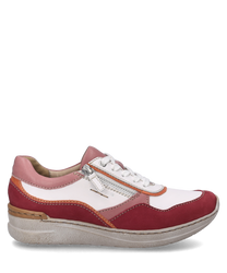 Der Sneaker in Orchidee-Multi zeigt ein lebendiges Farbspiel aus Weiß Rot und Rosa mit einem Schnürverschluss und zusätzlichen Zierelementen. Der Schuh ist aus hochwertigen Materialien gefertigt und besitzt eine kontrastierende weiße Sohle.