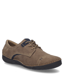 El zapato de media altura está hecho de cuero marrón en el color castaño y presenta un elegante sistema de cordones. El zapato se caracteriza por finos detalles de costura y una suela oscura y robusta.