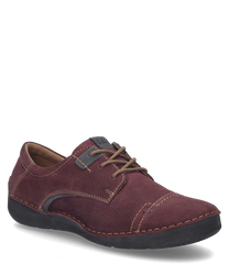 The half shoe in plum-combination color is made of a structured soft material with lacing. Special features include contrasting seams and a sturdy dark sole.