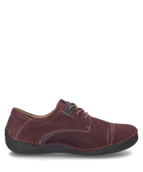 The half shoe in plum-combination color is made of a structured soft material with lacing. Special features include contrasting seams and a sturdy dark sole.