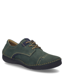 The half shoe in green combination features contrasting yellow stitching and a brown lacing. The upper material is made of durable leather and the sole is in black.