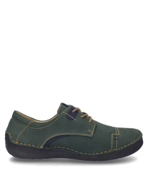 The half shoe in green combination features contrasting yellow stitching and a brown lacing. The upper material is made of durable leather and the sole is in black.