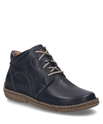 Stivaletti neri in pelle con zip laterale. La scarpa ha una suola marrone chiaro con rilievi e cuciture decorative discrete.