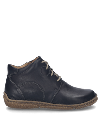 Stivaletti neri in pelle con zip laterale. La scarpa ha una suola marrone chiaro con rilievi e cuciture decorative discrete.