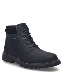 The black ankle boot made of robust material features lacing and contrasting seams. The shoe has a profiled sole for better grip.