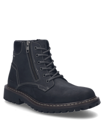 Die schwarze Stiefelette aus Leder zeigt eine robuste Schnürung und einen praktischen Reißverschluss an der Seite. Auffällig sind die kontrastierenden Nähte die dem Schuh einen modernen Look verleihen.