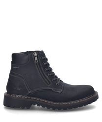 Die schwarze Stiefelette aus Leder zeigt eine robuste Schnürung und einen praktischen Reißverschluss an der Seite. Auffällig sind die kontrastierenden Nähte die dem Schuh einen modernen Look verleihen.