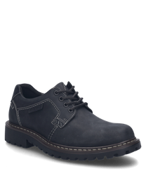 The black half shoe made of durable material is characterized by its lacing and contrasting seams. The thick sole provides additional support and comfort.