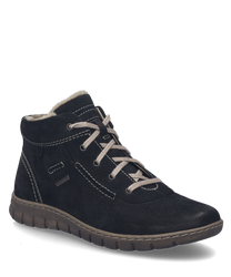 The depicted ankle boot in black combination is made of a textured material with lacing and a brown sole. It features a soft light inner lining that is visible at the shaft and subtle decorative stitching.