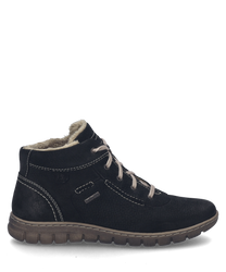 The depicted ankle boot in black combination is made of a textured material with lacing and a brown sole. It features a soft light inner lining that is visible at the shaft and subtle decorative stitching.