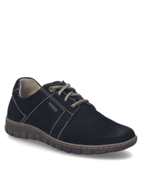 La chaussure basse en noir-combiné se présente avec un laçage et est fabriquée à partir d'un matériau robuste avec des coutures décoratives frappantes. La chaussure est idéale pour le quotidien et offre un grand confort de port grâce à sa semelle flexible.