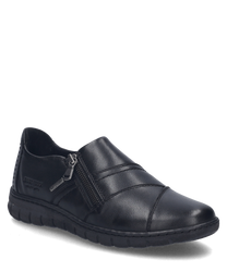 Une chaussure noire en cuir avec une fermeture éclair latérale et des coutures marquées. La chaussure a une semelle robuste et un logo discret sur le côté extérieur.