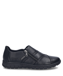 Une chaussure noire en cuir avec une fermeture éclair latérale et des coutures marquées. La chaussure a une semelle robuste et un logo discret sur le côté extérieur.