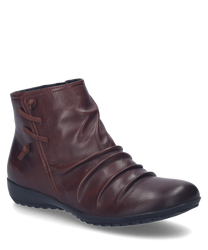 The burgundy leather ankle boot features a side zipper and decorative lacing details. The smooth surface and slightly gathered structure give the shoe an elegant and modern look.