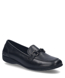 Black ballerina flats with elastic made of smooth leather. The shoe features a rounded toe and subtle decorative stitching on the upper.