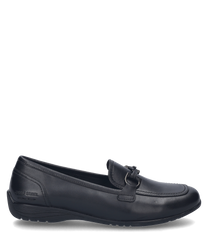 Black ballerina flats with elastic made of smooth leather. The shoe features a rounded toe and subtle decorative stitching on the upper.