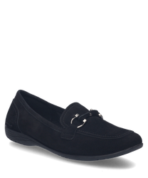Black ballerina flats with elastic closure made from soft material. The shoe features a minimalist design with subtle stitching and a small metal element on the upper.