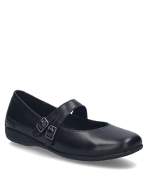 Une élégante ballerine noire en cuir lisse avec une double boucle comme fermeture. La chaussure a un aspect simple mais élégant et est idéale pour des occasions formelles.