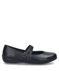 Une élégante ballerine noire en cuir lisse avec une double boucle comme fermeture. La chaussure a un aspect simple mais élégant et est idéale pour des occasions formelles.