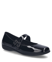Ein eleganter schwarzer Ballerina-Schuh aus glänzendem Material mit doppelter Schnalle als Verschluss. Der Schuh hat eine glatte Oberfläche und eine flache Sohle ideal für den täglichen Gebrauch.
