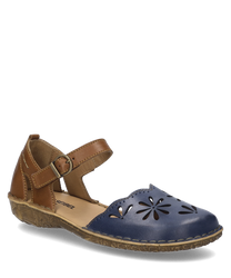 This sandal in 'shark-combi' is made of leather and features a two-tone look with a brown heel area and a blue front. It has a Velcro closure and decorative cutouts on the front.