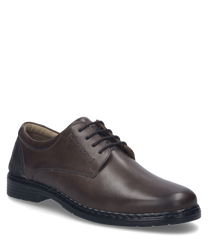 La scarpa è realizzata in pelle liscia di colore moro con lacci. Si distingue per un design semplice con una punta arrotondata e una suola nera stabile.