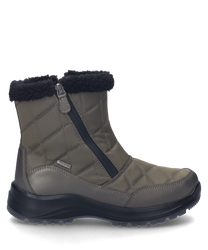 Der Stiefel in Bronze besticht durch sein gestepptes Muster und einen praktischen Reißverschluss an der Seite. Der Schuh besteht aus einem robusten Material und hat einen kuscheligen Besatz am oberen Rand.
