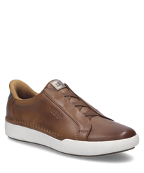 De sneaker in camel-combinatie is gemaakt van glad leer en heeft een praktische elastische sluiting. De witte rubberen zool en de subtiele stiksels geven hem een moderne uitstraling.