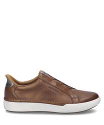 De sneaker in camel-combinatie is gemaakt van glad leer en heeft een praktische elastische sluiting. De witte rubberen zool en de subtiele stiksels geven hem een moderne uitstraling.