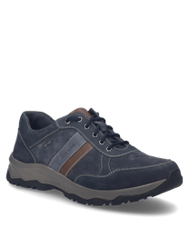 La scarpa in combinazione indigo presenta una chiusura con lacci ed è realizzata in materiale di alta qualità. Caratteristiche particolari sono le cuciture marcate e il design sportivo con strisce a contrasto.