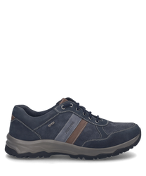 La scarpa in combinazione indigo presenta una chiusura con lacci ed è realizzata in materiale di alta qualità. Caratteristiche particolari sono le cuciture marcate e il design sportivo con strisce a contrasto.